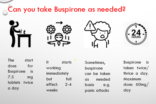 Can you take buspirone as needed? Sometimes you can take it as needed such as in panic attacks but in most cases it takes up to 2-4 weeks to get the full therapeutic effects of the medication

