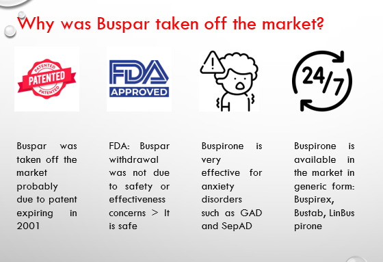 Why was Buspar Taken off the Market? It was not taken off the market due to safety or effectiveness concerns according to the FDA but probably due to the expiry of the patent in 2001