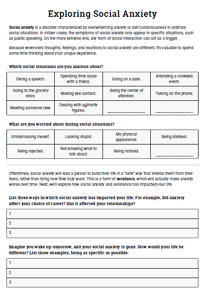 CBT social anxiety worksheets